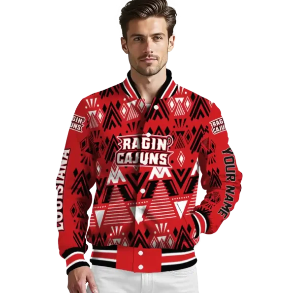 personalized louisiana ragin cajuns pyramid shapes red varsity jacket high quality.webp