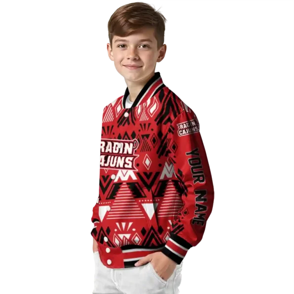 personalized louisiana ragin cajuns pyramid shapes red varsity jacket trendy.webp