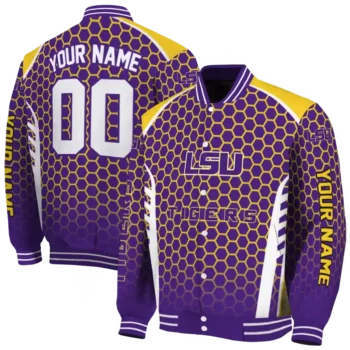 personalized lsu tigers hexagon grid purple varsity jacket fashion forward.webp