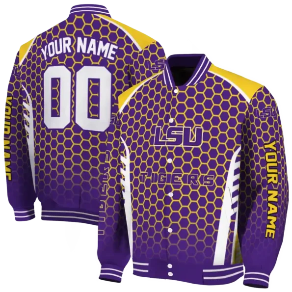 personalized lsu tigers hexagon grid purple varsity jacket fashion forward.webp