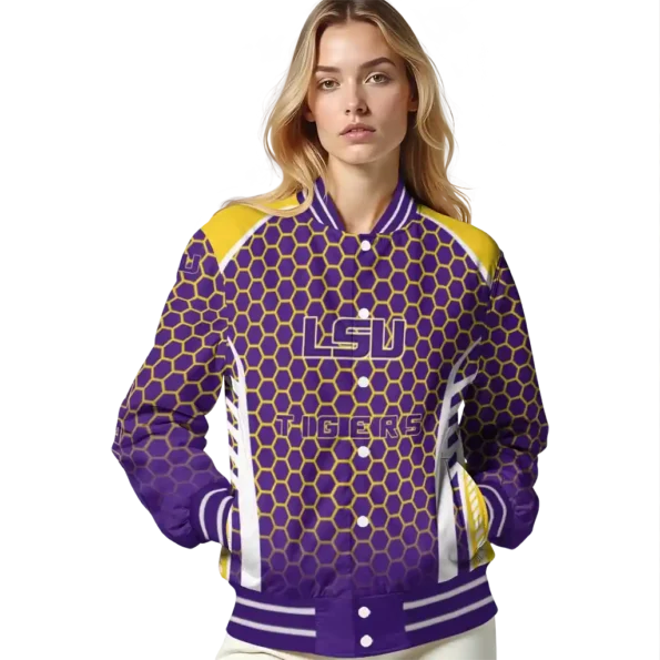 personalized lsu tigers hexagon grid purple varsity jacket latest model.webp