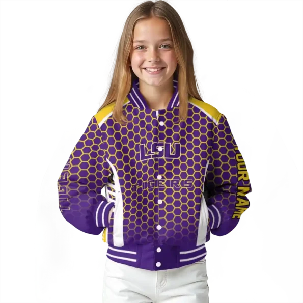 personalized lsu tigers hexagon grid purple varsity jacket top rated.webp