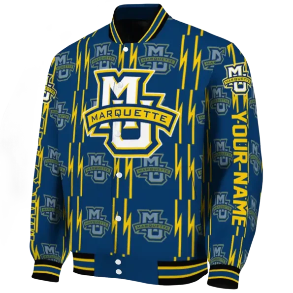 personalized marquette golden eagles bolt stripe blue varsity jacket best selling