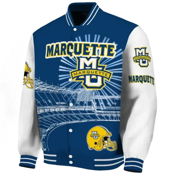 personalized marquette golden eagles ferris arena blue white varsity jacket best selling