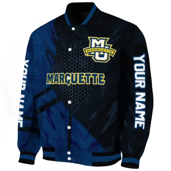 personalized marquette golden eagles hexagon mesh blue black varsity jacket best selling