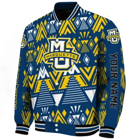 personalized marquette golden eagles pyramid shapes blue varsity jacket best selling.webp