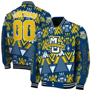 personalized marquette golden eagles pyramid shapes blue varsity jacket fashion forward.webp