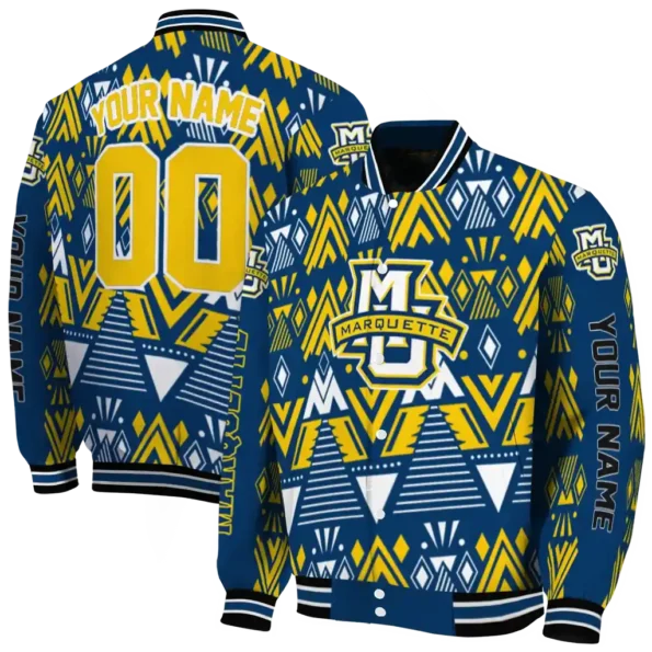 personalized marquette golden eagles pyramid shapes blue varsity jacket fashion forward.webp