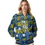 personalized marquette golden eagles pyramid shapes blue varsity jacket best selling.webp
