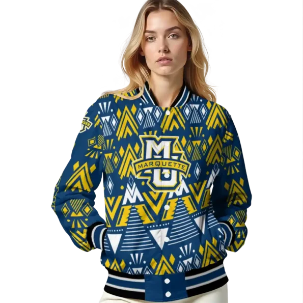 personalized marquette golden eagles pyramid shapes blue varsity jacket latest model.webp