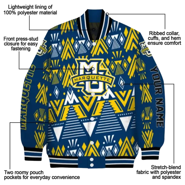 personalized marquette golden eagles pyramid shapes blue varsity jacket new arrival.webp