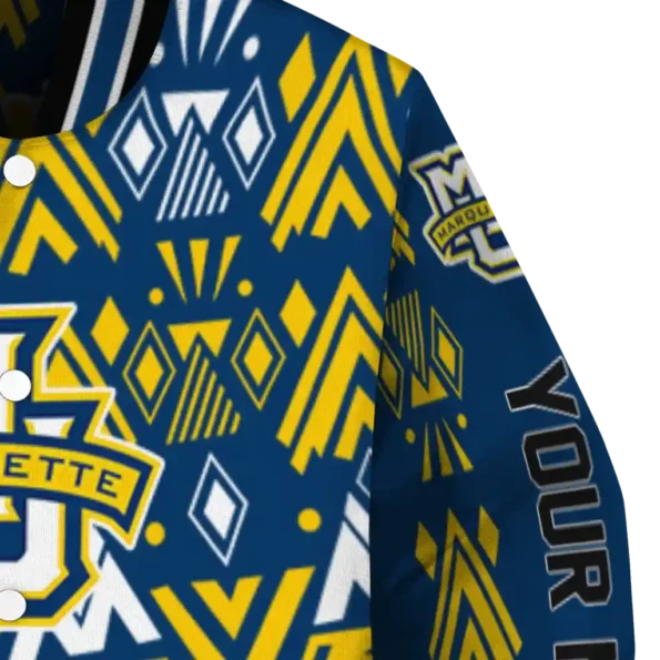 personalized marquette golden eagles pyramid shapes blue varsity jacket premium grade.webp