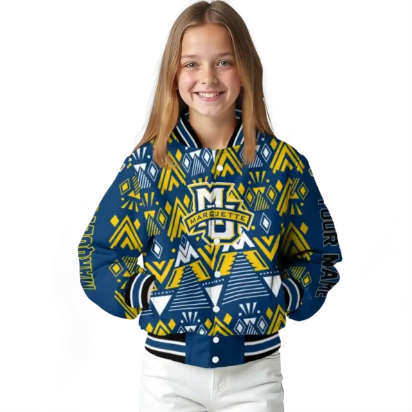 personalized marquette golden eagles pyramid shapes blue varsity jacket top rated.webp
