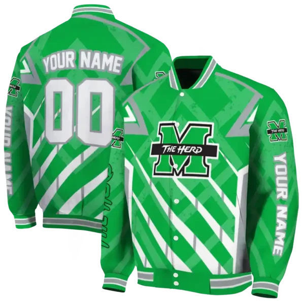 personalized marshall thundering herd chevron angles green varsity jacket fashion forward.webp