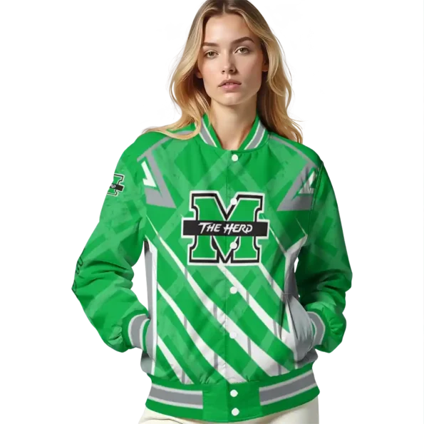 personalized marshall thundering herd chevron angles green varsity jacket latest model.webp