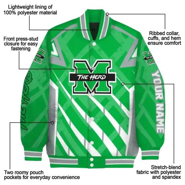 personalized marshall thundering herd chevron angles green varsity jacket new arrival.webp