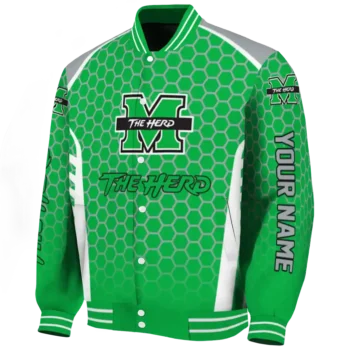 personalized marshall thundering herd hexagon grid green varsity jacket best selling.webp