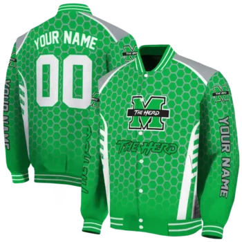 personalized marshall thundering herd hexagon grid green varsity jacket fashion forward.webp