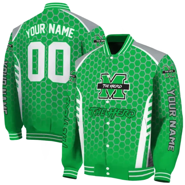 personalized marshall thundering herd hexagon grid green varsity jacket fashion forward.webp
