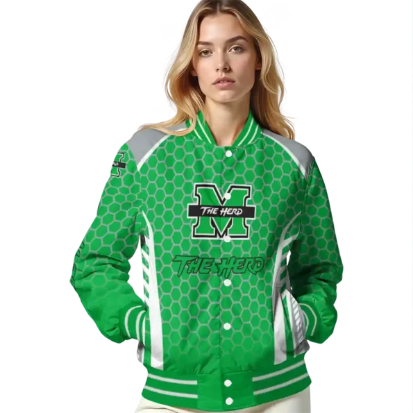 personalized marshall thundering herd hexagon grid green varsity jacket latest model.webp