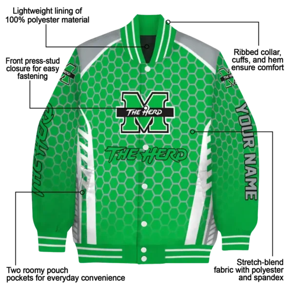 personalized marshall thundering herd hexagon grid green varsity jacket new arrival.webp