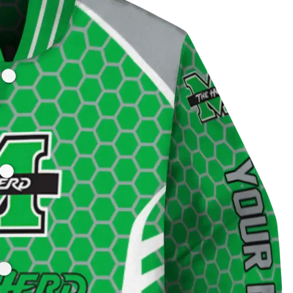 personalized marshall thundering herd hexagon grid green varsity jacket premium grade.webp