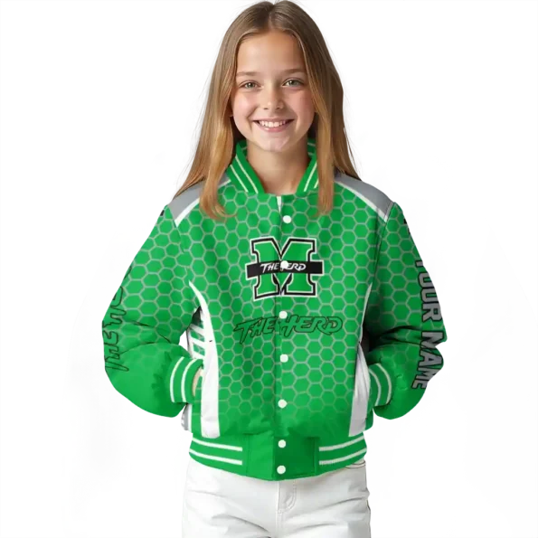 personalized marshall thundering herd hexagon grid green varsity jacket top rated.webp