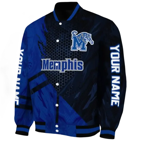 personalized memphis tigers hexagon mesh blue black varsity jacket best selling