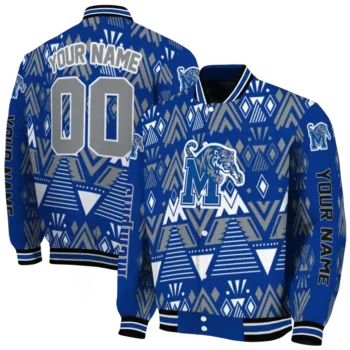 personalized memphis tigers pyramid shapes blue varsity jacket fashion forward.webp