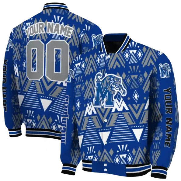 personalized memphis tigers pyramid shapes blue varsity jacket fashion forward.webp