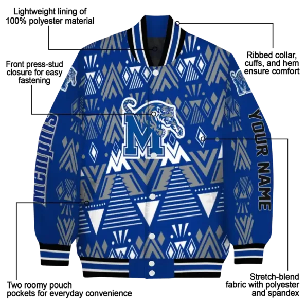 personalized memphis tigers pyramid shapes blue varsity jacket new arrival.webp