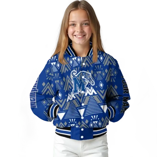 personalized memphis tigers pyramid shapes blue varsity jacket top rated.webp