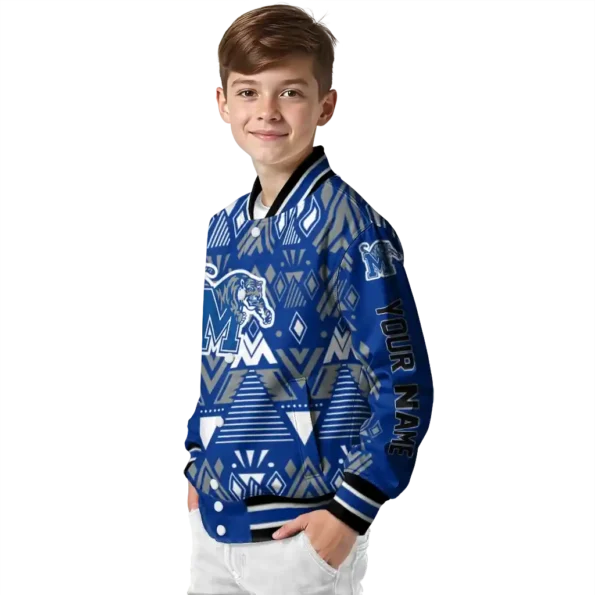 personalized memphis tigers pyramid shapes blue varsity jacket trendy.webp