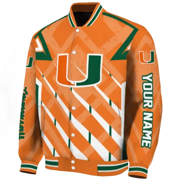 personalized miami hurricanes chevron angles orange varsity jacket best selling.webp