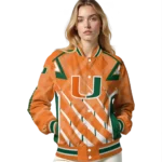 personalized miami hurricanes chevron angles orange varsity jacket best selling.webp