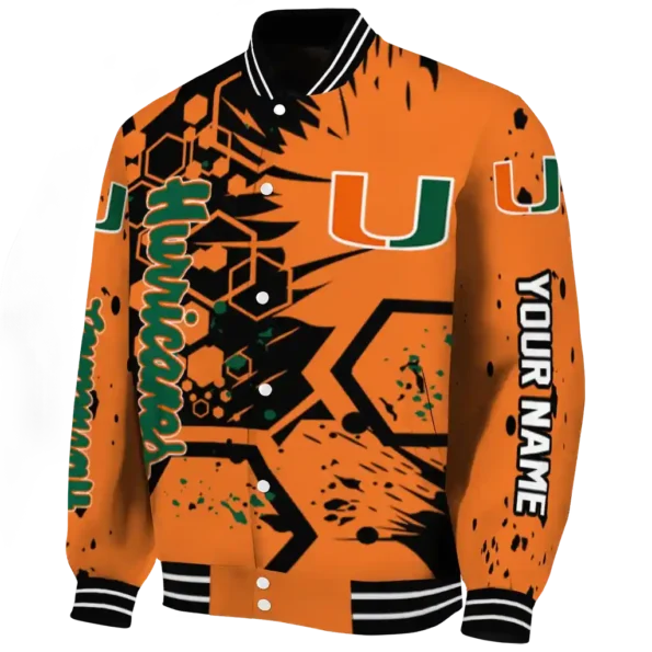personalized miami hurricanes hexagon cluster orange black varsity jacket best selling