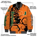 personalized-miami-hurricanes-hexagon-cluster-orange-black-varsity-jacket-best-selling.webp