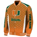 personalized miami hurricanes hexagon grid orange varsity jacket best selling.webp