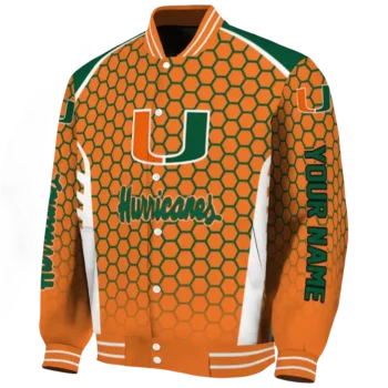 personalized miami hurricanes hexagon grid orange varsity jacket best selling.webp