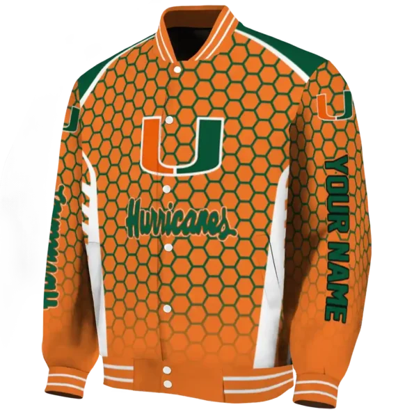 personalized miami hurricanes hexagon grid orange varsity jacket best selling.webp