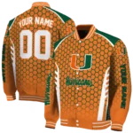 personalized miami hurricanes hexagon grid orange varsity jacket best selling.webp