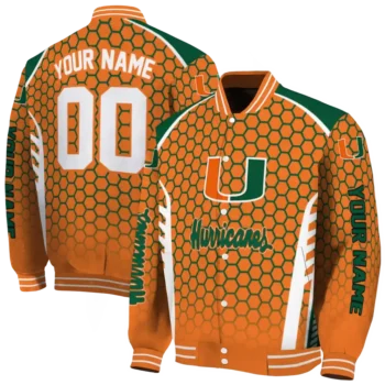 personalized miami hurricanes hexagon grid orange varsity jacket fashion forward.webp
