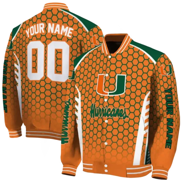 personalized miami hurricanes hexagon grid orange varsity jacket fashion forward.webp