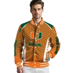 personalized miami hurricanes hexagon grid orange varsity jacket best selling.webp