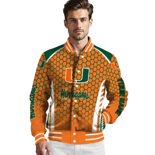 personalized miami hurricanes hexagon grid orange varsity jacket high quality.webp