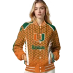 personalized miami hurricanes hexagon grid orange varsity jacket best selling.webp