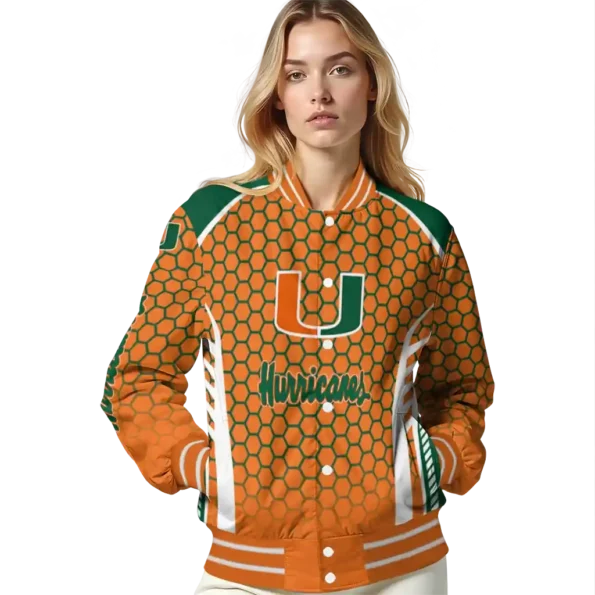 personalized miami hurricanes hexagon grid orange varsity jacket latest model.webp