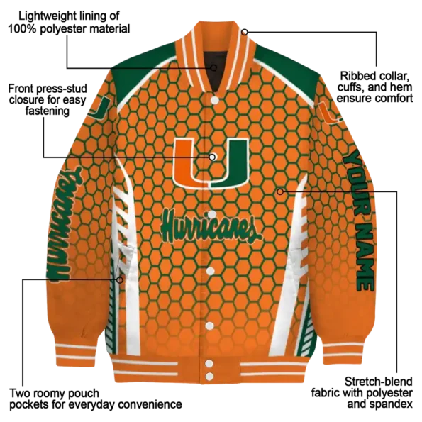 personalized miami hurricanes hexagon grid orange varsity jacket new arrival.webp