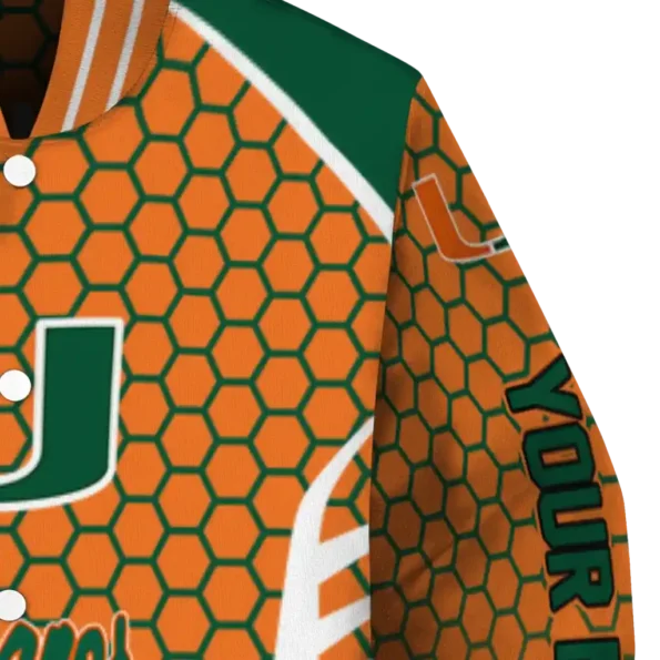 personalized miami hurricanes hexagon grid orange varsity jacket premium grade.webp