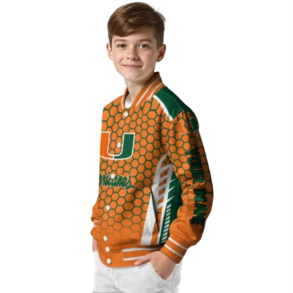 personalized miami hurricanes hexagon grid orange varsity jacket trendy.webp